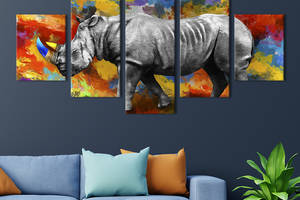 Модульная картина из 5 частей на холсте KIL Art Носорог с цветным рогом 162x80 см (200-52)