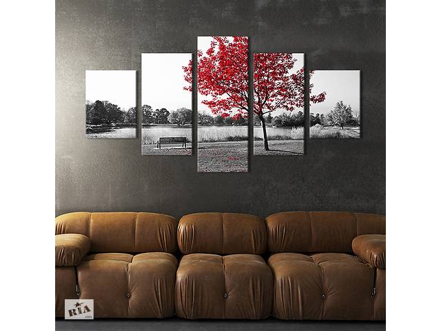 Модульная картина из 5 частей на холсте KIL Art Одинокая скамейка под красным деревом 112x54 см (588-52)