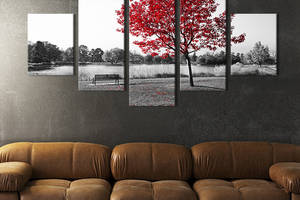 Модульная картина из 5 частей на холсте KIL Art Одинокая скамейка под красным деревом 187x94 см (588-52)