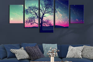 Модульная картина из 5 частей на холсте KIL Art Одинокое дерево на фоне звёздного неба 187x94 см (591-52)