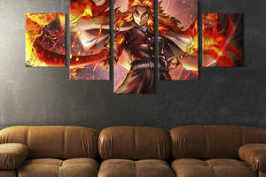 Модульная картина из 5 частей на холсте KIL Art Огненноволосый охотник на демонов Кёджуро Ренгоку 162x80 см