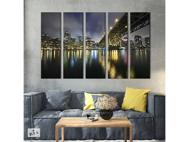 Модульная картина из 5 частей на холсте KIL Art Огни ночного города на берегу реки 132x80 см (323-51)