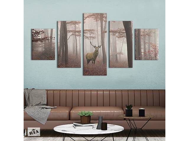 Модульная картина из 5 частей на холсте KIL Art Олень и лес в тумане 162x80 см (167-52)