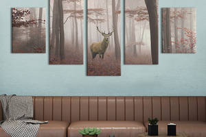 Модульная картина из 5 частей на холсте KIL Art Олень и лес в тумане 112x54 см (167-52)