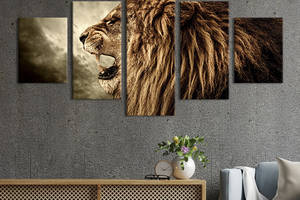 Модульна картина з 5 частин на полотні KIL Art Небезпечний оскал лева 112x54 см (142-52)