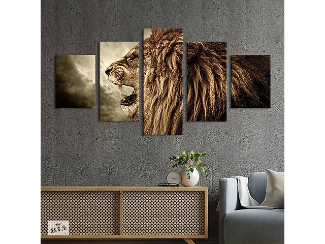 Модульная картина из 5 частей на холсте KIL Art Опасный оскал льва 112x54 см (142-52)