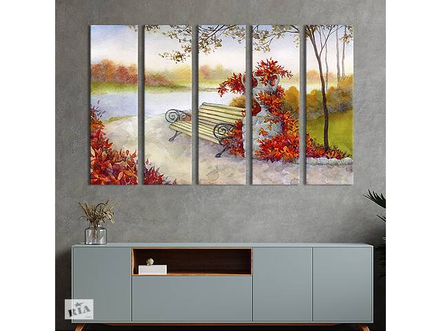 Модульная картина из 5 частей на холсте KIL Art Осенняя лавочка в парке 132x80 см (322-51)