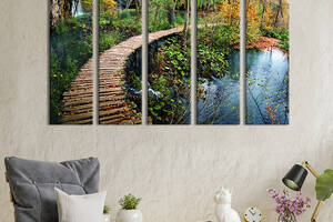 Модульная картина из 5 частей на холсте KIL Art Осенние листья на деревяном мостике 87x50 см (550-51)