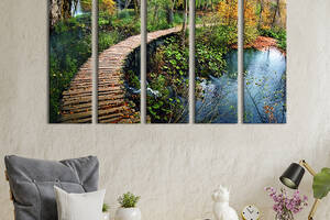 Модульная картина из 5 частей на холсте KIL Art Осенние листья на деревяном мостике 155x95 см (550-51)