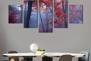 Модульная картина из 5 частей на холсте KIL Art Осенний красный лес 162x80 см (582-52)