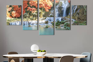 Модульная картина из 5 частей на холсте KIL Art Осенний лес на берегу водопада 187x94 см (587-52)