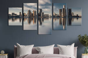 Модульная картина из 5 частей на холсте KIL Art Панорамный вид на город Детройт в Америке 162x80 см (400-52)