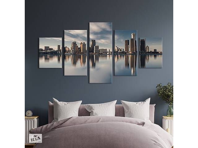Модульная картина из 5 частей на холсте KIL Art Панорамный вид на город Детройт в Америке 187x94 см (400-52)
