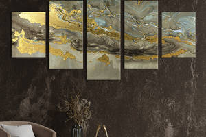 Модульная картина из 5 частей на холсте KIL Art Пепельный мрамор с золотым блеском 187x94 см (42-52)