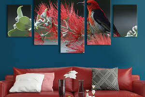 Модульная картина из 5 частей на холсте KIL Art Птица на пушистой красной ветке 187x94 см (129-52)