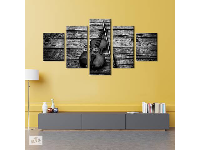 Модульная картина из 5 частей на холсте KIL Art Раритетная чёрная скрипка с смычком 187x94 см (538-52)