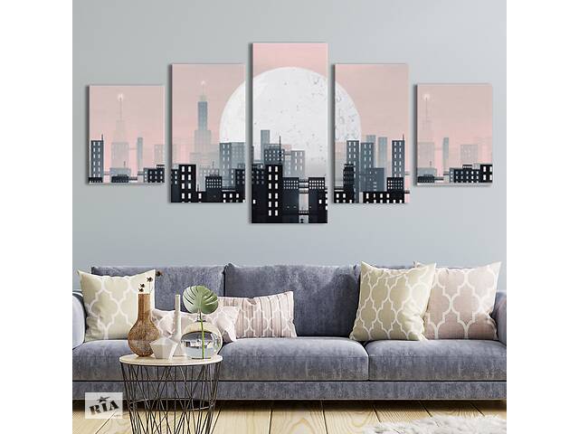 Модульная картина из 5 частей на холсте KIL Art Розовое небо и Луна над мегаполисом 162x80 см (MK53620)