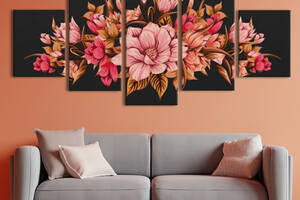 Модульная картина из 5 частей на холсте KIL Art Розовые цветы на черном полотне 112x54 см (MK53613)