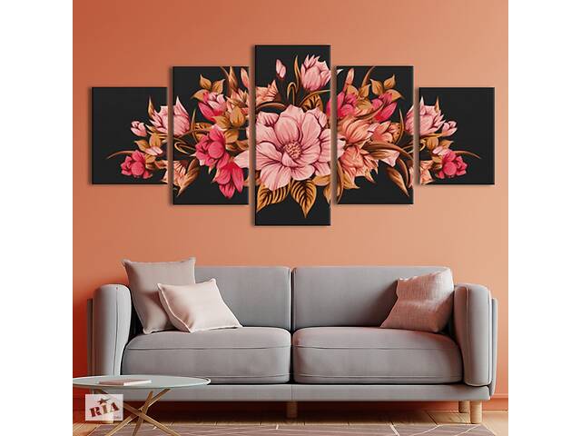 Модульная картина из 5 частей на холсте KIL Art Розовые цветы на черном полотне 112x54 см (MK53613)