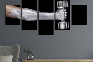 Модульная картина из 5 частей на холсте KIL Art Рука спортсмена с гантелью на чёрном фоне 162x80 см (496-52)
