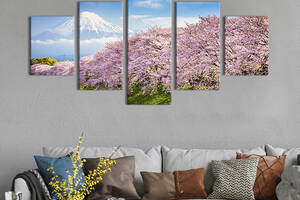 Модульная картина из 5 частей на холсте KIL Art Сакура и вулкан Фудзияма 162x80 см (616-52)