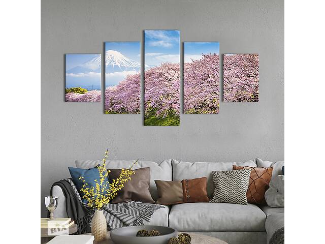 Модульная картина из 5 частей на холсте KIL Art Сакура и вулкан Фудзияма 187x94 см (616-52)