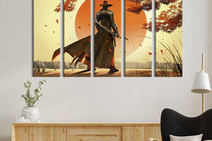 Модульная картина из 5 частей на холсте KIL Art Самурай под деревом на фоне солнца 132x80 см (684-51)