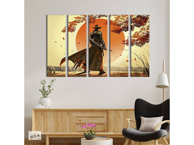 Модульная картина из 5 частей на холсте KIL Art Самурай под деревом на фоне солнца 155x95 см (684-51)