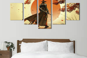 Модульная картина из 5 частей на холсте KIL Art Самурай в шляпе на фоне красного солнца 112x54 см (684-52)