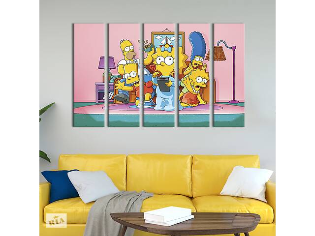 Модульная картина из 5 частей на холсте KIL Art Семейка Симпсонов перед телевизором 155x95 см (739-51)