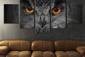 Модульна картина з 5 частин на полотні KIL Art Сіра сова з яскравими очима 112x54 см (139-52)