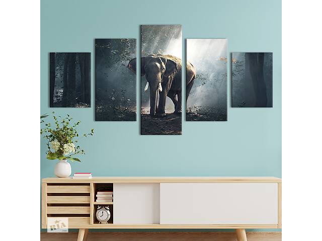 Модульная картина из 5 частей на холсте KIL Art Слон в лесной чаще 162x80 см (198-52)