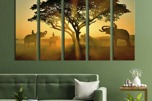 Модульная картина из 5 частей на холсте KIL Art Слоны в лучах заката 132x80 см (173-51)