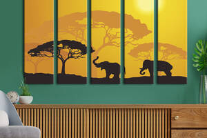 Модульная картина из 5 частей на холсте KIL Art Слоны в саванне 132x80 см (134-51)