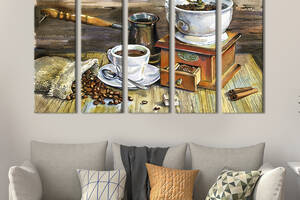 Модульная картина из 5 частей на холсте KIL Art Старинная кофемолка, турка и чашечка кофе 132x80 см (299-51)