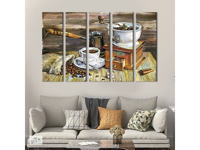 Модульная картина из 5 частей на холсте KIL Art Старинная кофемолка, турка и чашечка кофе 132x80 см (299-51)