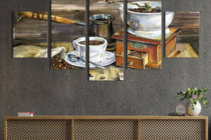 Модульная картина из 5 частей на холсте KIL Art Старинная картина с кофе 162x80 см (299-52)