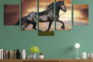 Модульная картина из 5 частей на холсте KIL Art Стройный вороной конь 162x80 см (185-52)