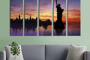 Модульная картина из 5 частей на холсте KIL Art Сумерки над Манхэттеном и Статуей Свободы 132x80 см (318-51)