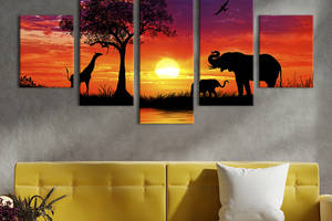 Модульная картина из 5 частей на холсте KIL Art Силуэты африканских животных 162x80 см (171-52)