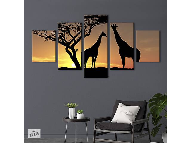 Модульная картина из 5 частей на холсте KIL Art Силуэты жирафов и дерево 187x94 см (130-52)