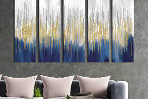 Модульная картина из 5 частей на холсте KIL Art Сине-белое полотно с золотыми линиями 155x95 см (60-51)