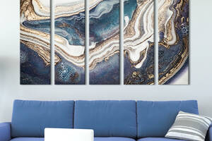 Модульная картина из 5 частей на холсте KIL Art Синий мрамор с белыми и золотыми потоками 87x50 см (33-51)