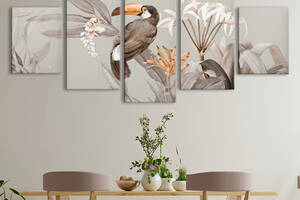 Модульная картина из 5 частей на холсте KIL Art Тукан на ветке цветов 162x80 см (MK53603)