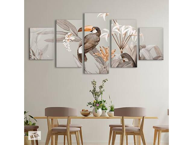 Модульная картина из 5 частей на холсте KIL Art Тукан на ветке цветов 112x54 см (MK53603)