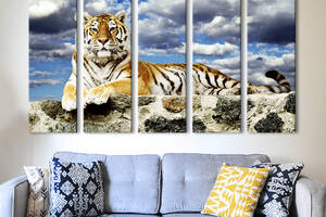 Модульная картина из 5 частей на холсте KIL Art Тигр на фоне грозового неба 87x50 см (131-51)