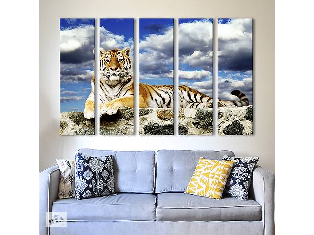 Модульная картина из 5 частей на холсте KIL Art Тигр на фоне грозового неба 155x95 см (131-51)