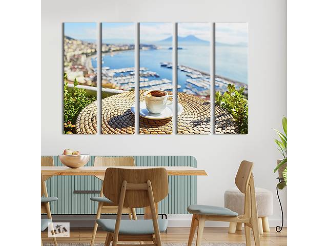 Модульная картина из 5 частей на холсте KIL Art Утренний кофе и морской пейзаж 132x80 см (302-51)