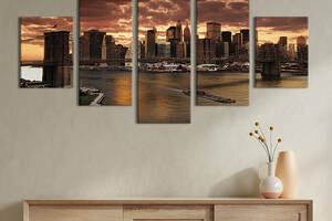 Модульная картина из 5 частей на холсте KIL Art Вечер над Бруклинским мостом в Нью-Йорке 187x94 см (315-52)