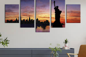 Модульная картина из 5 частей на холсте KIL Art Вечерние сумерки над Статуей Свободы и Манхэттеном 187x94 см